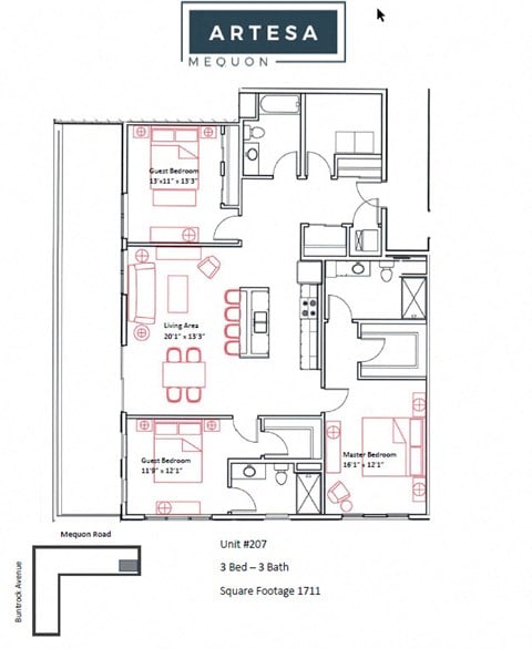 Floor plan for 3 beds, 3 baths, 1711 sqft